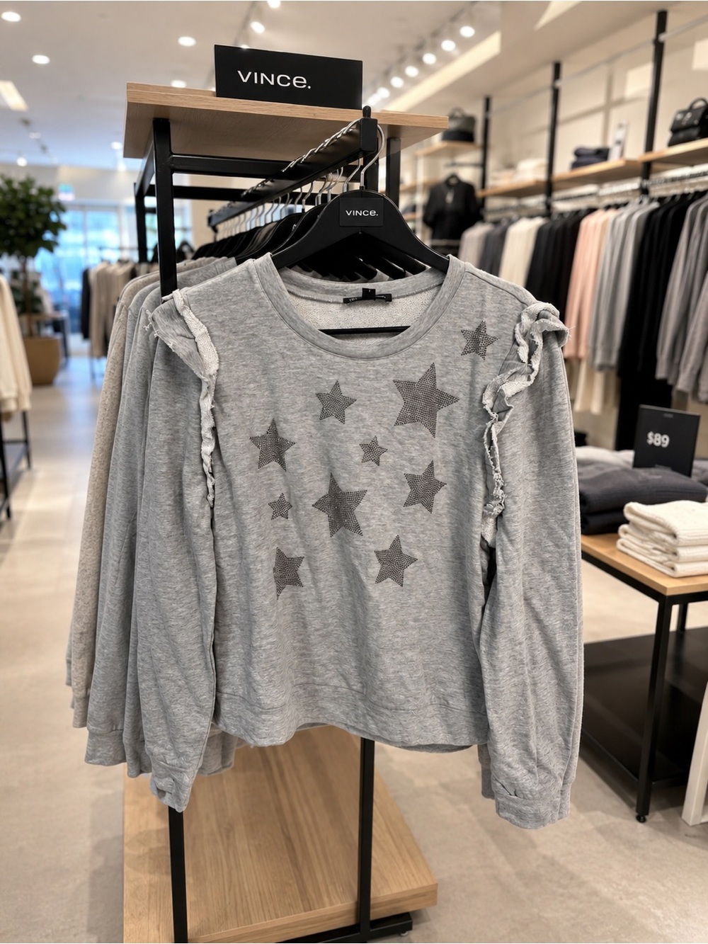 INC International Concepts Gray Star Ruffle Shoulder Crewneck Sweater
